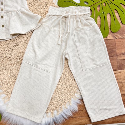 Conj. Cropeed e Calça Pantacourt em Linho - Areia